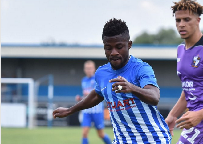 Enoch Andoh scores for Stratford Town against Long Eaton United