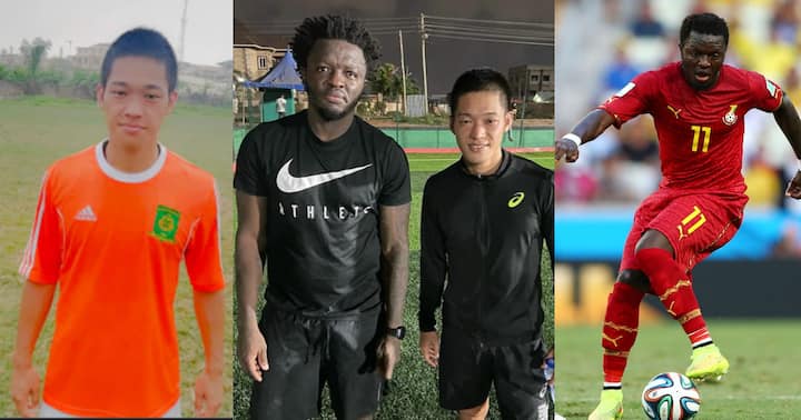 Former Black Stars midfielder Sulley Muntari trains with Japanese star Jindo Morishita