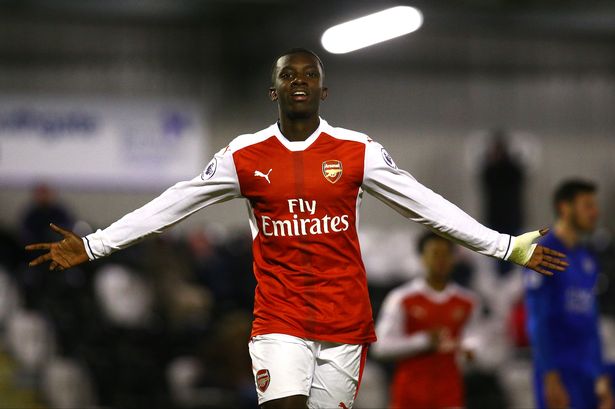 Arsenal's Eddie Nketiah reacts to scoring twice against Chelsea