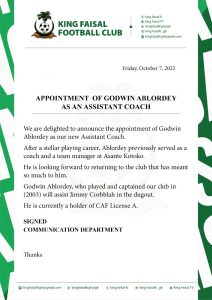 King Faisal appoint Godwin Ablordey as new assistant coach – Footballmadeinghana