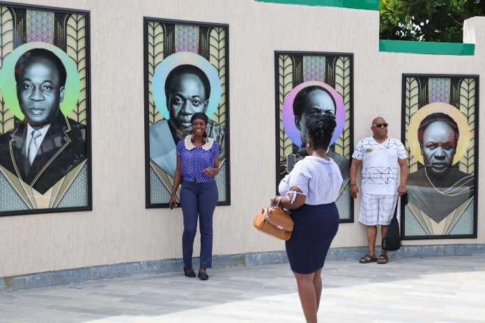 Tourists visit the Kwame Nkrumah Memorial Park in Accra, capital of Ghana, July 4, 2023. Ghana on Tuesday reopened the Kwame Nkrumah Memorial Park, a major cultural heritage in the capital city of Accra to memorize the country's first president, in the hope of boosting tourism. The park, first opened in 1992, has just completed its refurbishment under the Ghanaian government's five-year project to boost tourism and hospitality as critical drivers of socio-economic development. (Photo by Seth/Xinhua)