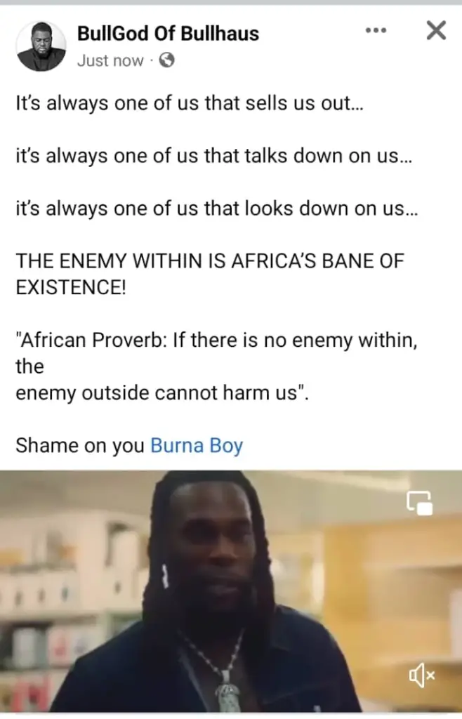Burna Boy is a shameless sellout for his Afrobeats comments – Bullgod