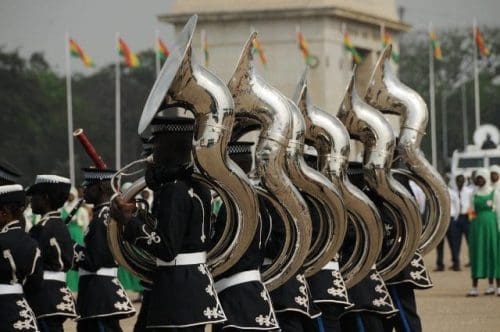 Ghana's military band attend the Independence Day parade at the Independence Square in Accra, Ghana, on March 6, 2015, marking the 58th anniversary of Ghana's Independence. British colony Gold Coast declared her independence on March 6, 1957 and renamed herself Ghana. (Xinhua/Lin Xiaowei)